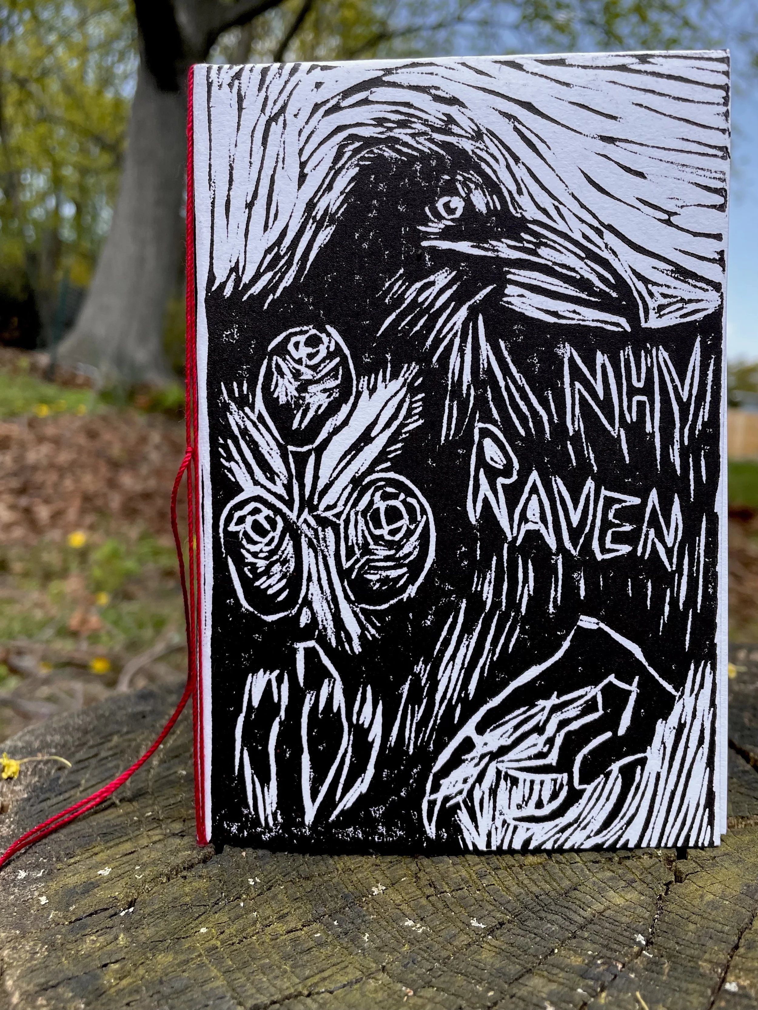  “NHV Raven” very short woodblock printed artist book (front cover, first page and back cover), 2021. 