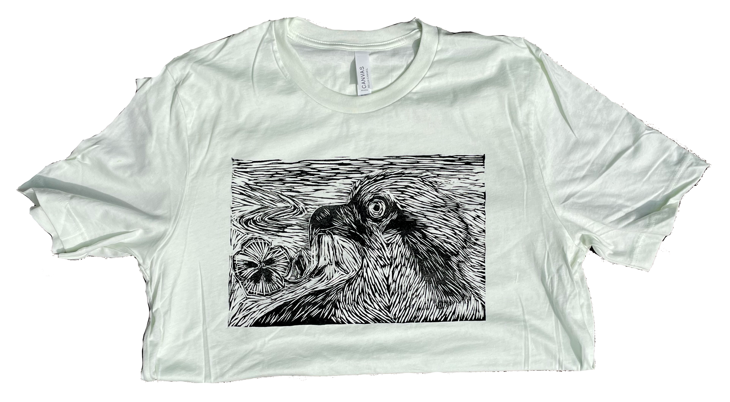  “Solar Worship” woodblock printed t-shirt with textile relief ink in black pulled from the woodblock, 2021. 