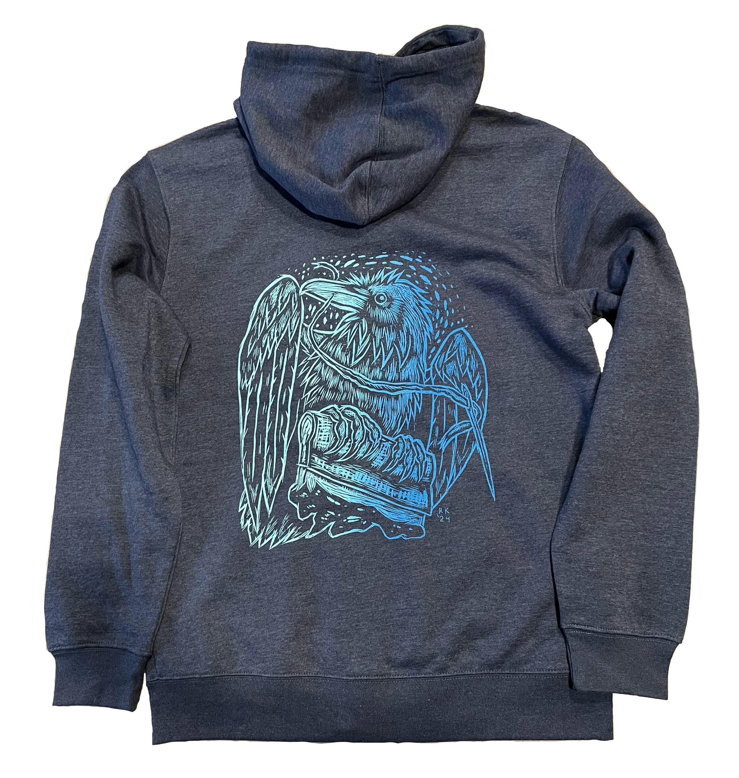  Illustration of a screen printing and embroidery raven for EMP Apparel shop shirts. Printed in 2024 and 2026 in various split-fountain color ways. 