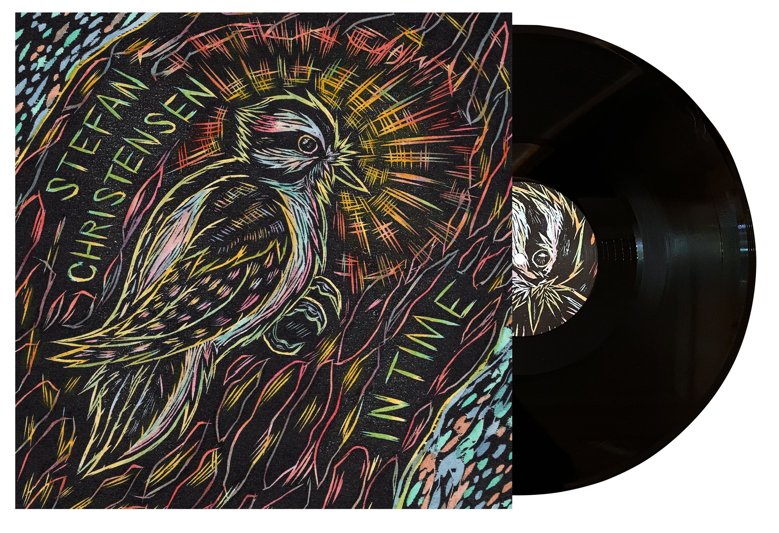  Full album jacket and insert layout artwork for Stefan Christensen's 2024 LP "In Time" released through C/Site Recordings. There are four hand-colored woodcut print images in all, this is the front cover. To listen to and purchase this record:  http