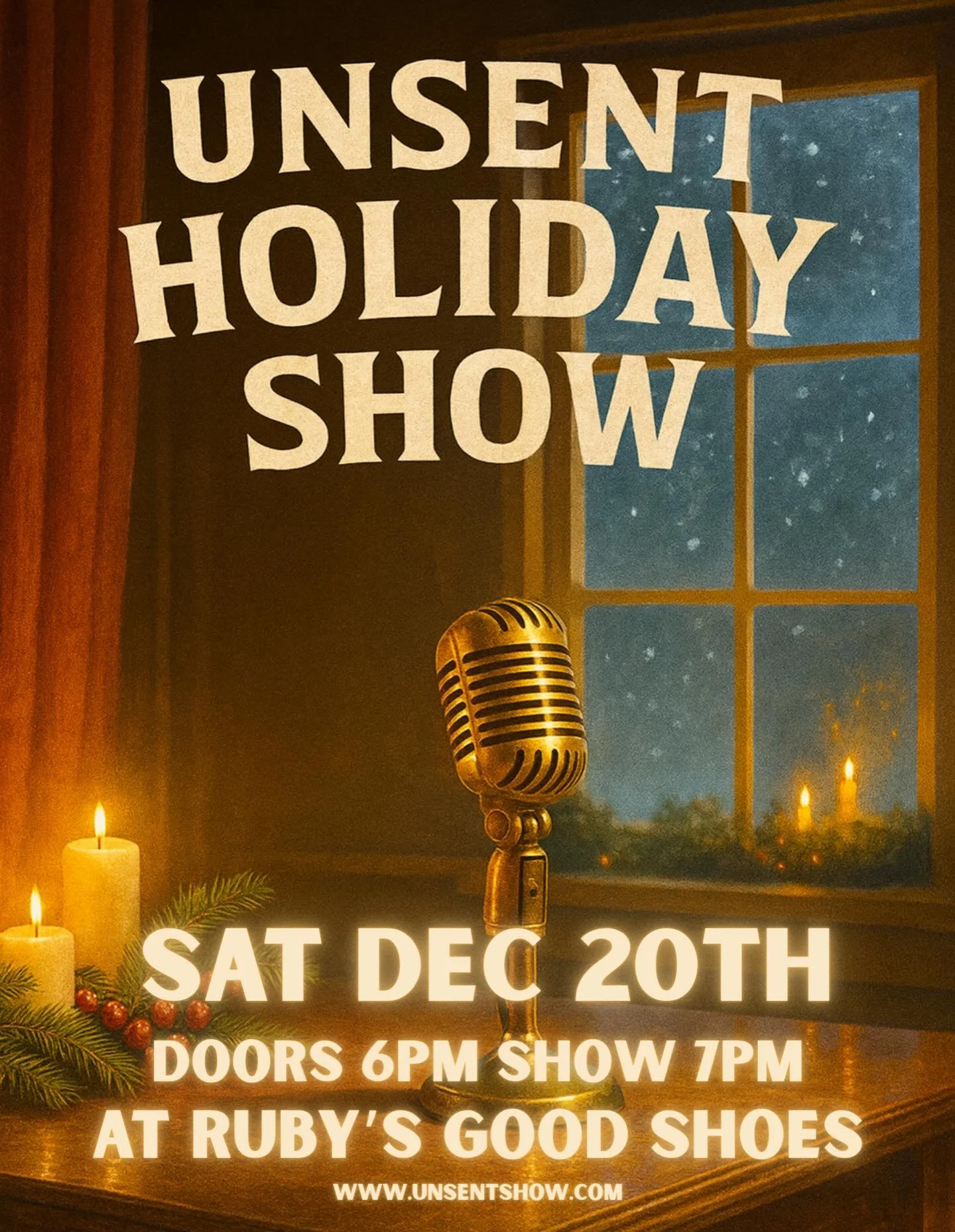 Sat Dec 20! 

Join us to laugh, cry, commiserate and feel all the feels together during this wild season!

Our 10 brave readers are excited and nervous to share their unsent messages with you - all about the holidays! 

Rubys Good Shoes @rubysgoodsho