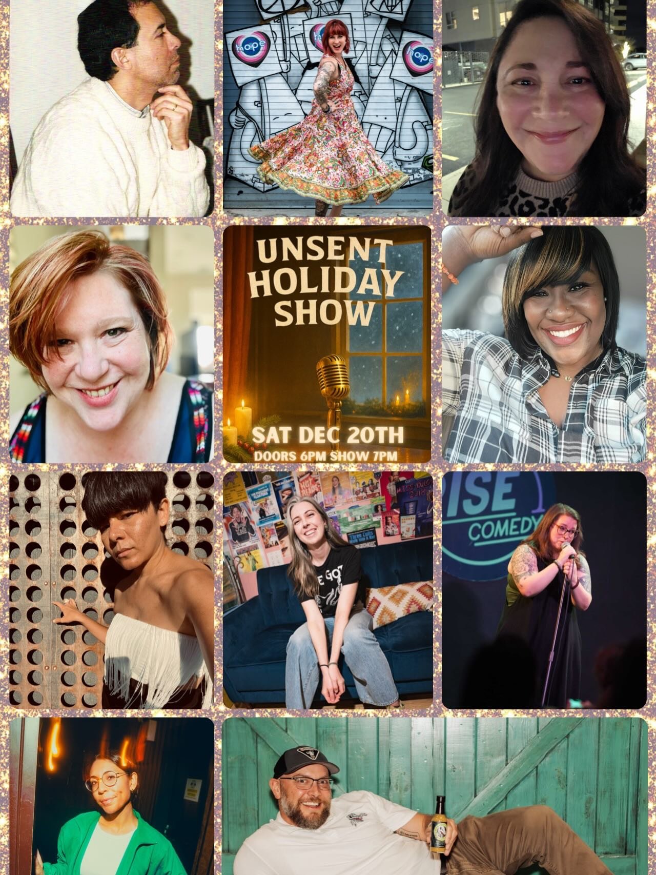 Unsent Holiday Show Line Up Reveal! 🎤🙌🏽🔥

We couldn&rsquo;t wait to share our incredible line up of 10 brave, bold and beautiful readers who will take to the Unsent stage on Sat Dec 20 to read you their unsent messages - all about the holidays! 
