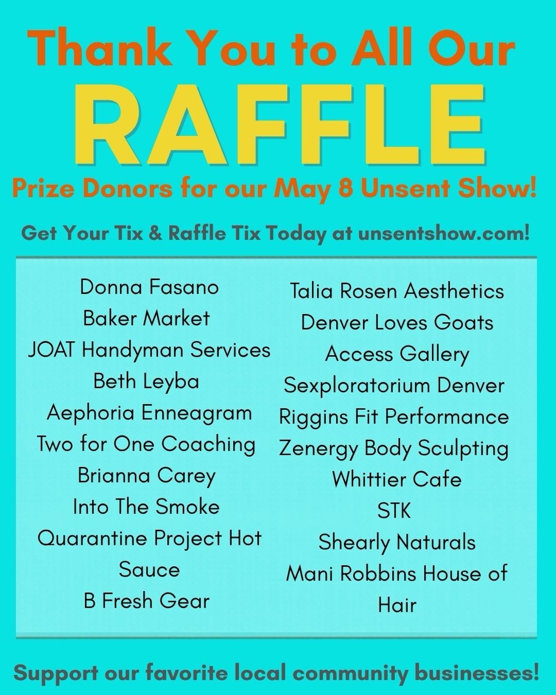 Thank you so much to all our amazingly generous and supportive donors to our raffle! Get your tix and raffle tix today and join us on May 8th for our last show of 2026! Maybe you will be the winner of one of these amazing prizes!🙏🏽✨🎉🙌🏽💌
@owland