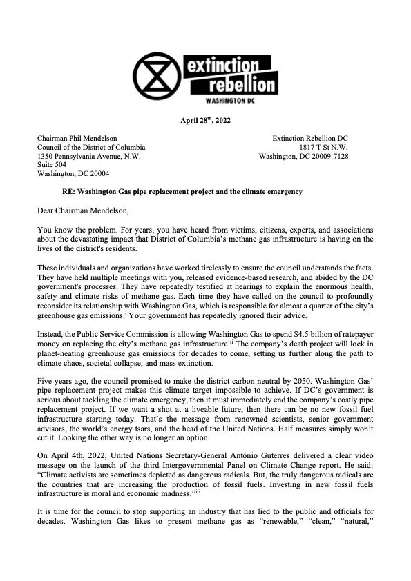 Letter to D.C. Council to demand an end to new fossil fuel infrastructure