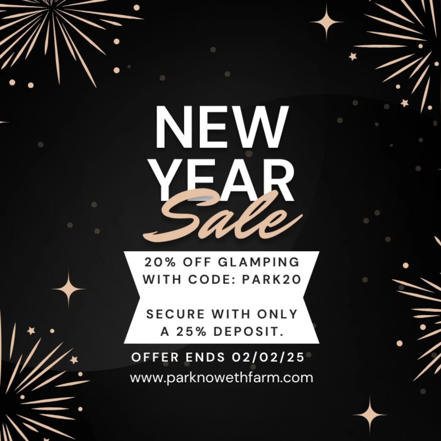 Happy New Year everyone!! 🥳🥳
To celebrate 2025 we've decided to offer you a little New Years gift! a WHOPPING 20% off our Glamping!! Use code ''park20'' at checkout to receive the discount on either our stunning Italian-inspired glamping garden ''O
