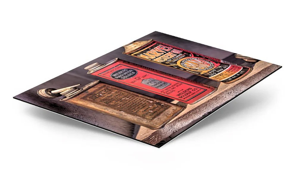 Vintage Oil, Solder, and Rusteter Cans Dibond Metal Print