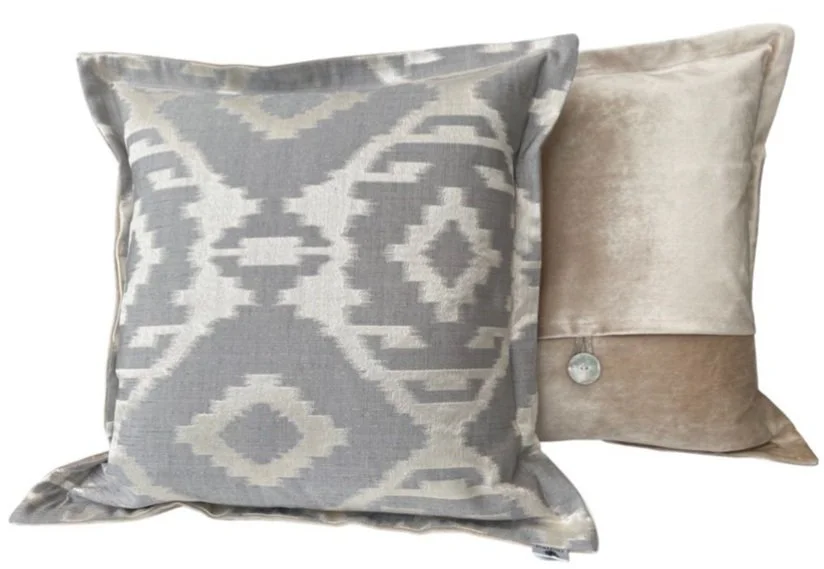 Gray and Cream Ikat with Velvet Champagne Back - Envelope Pillow