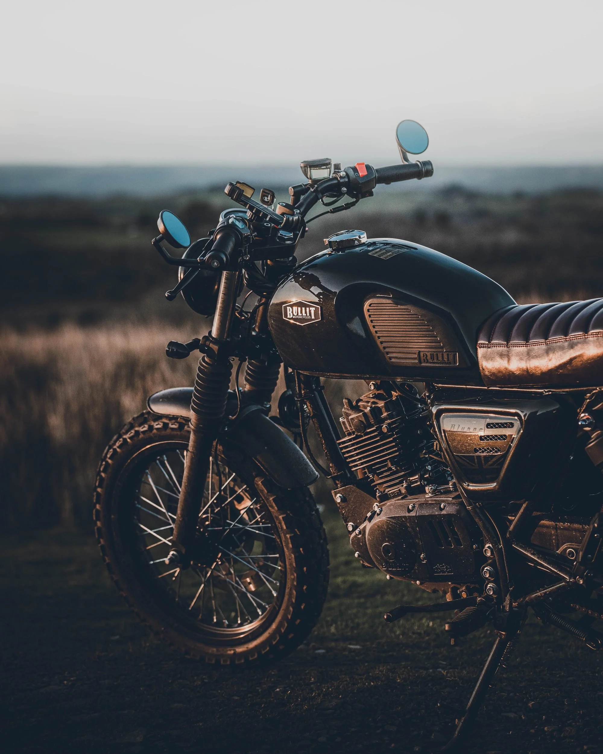Bullit motorcycle on the moorland, Bannau Brycheiniog