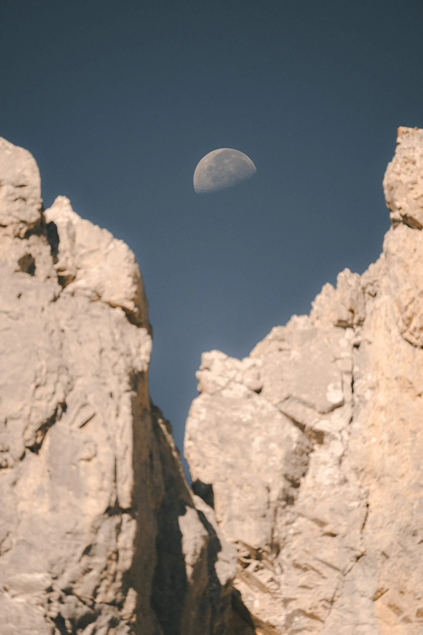 The moon above limestone spires, Arenas de Cabrales, Picos de Europa