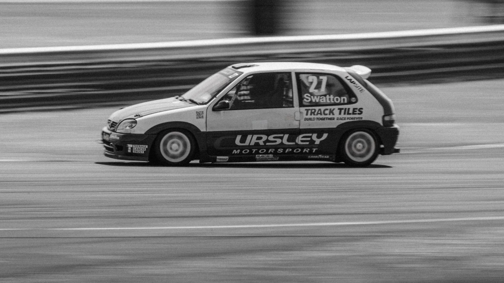 Citroën Saxo race car in black and white, Pembrey Circuit