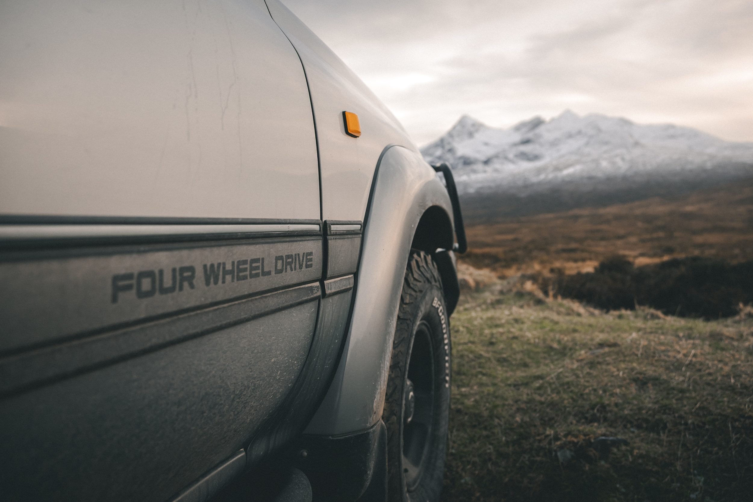 Four Wheel Drive lettering on a Land Cruiser 80 Series door, Sligachan, Isle of Skye