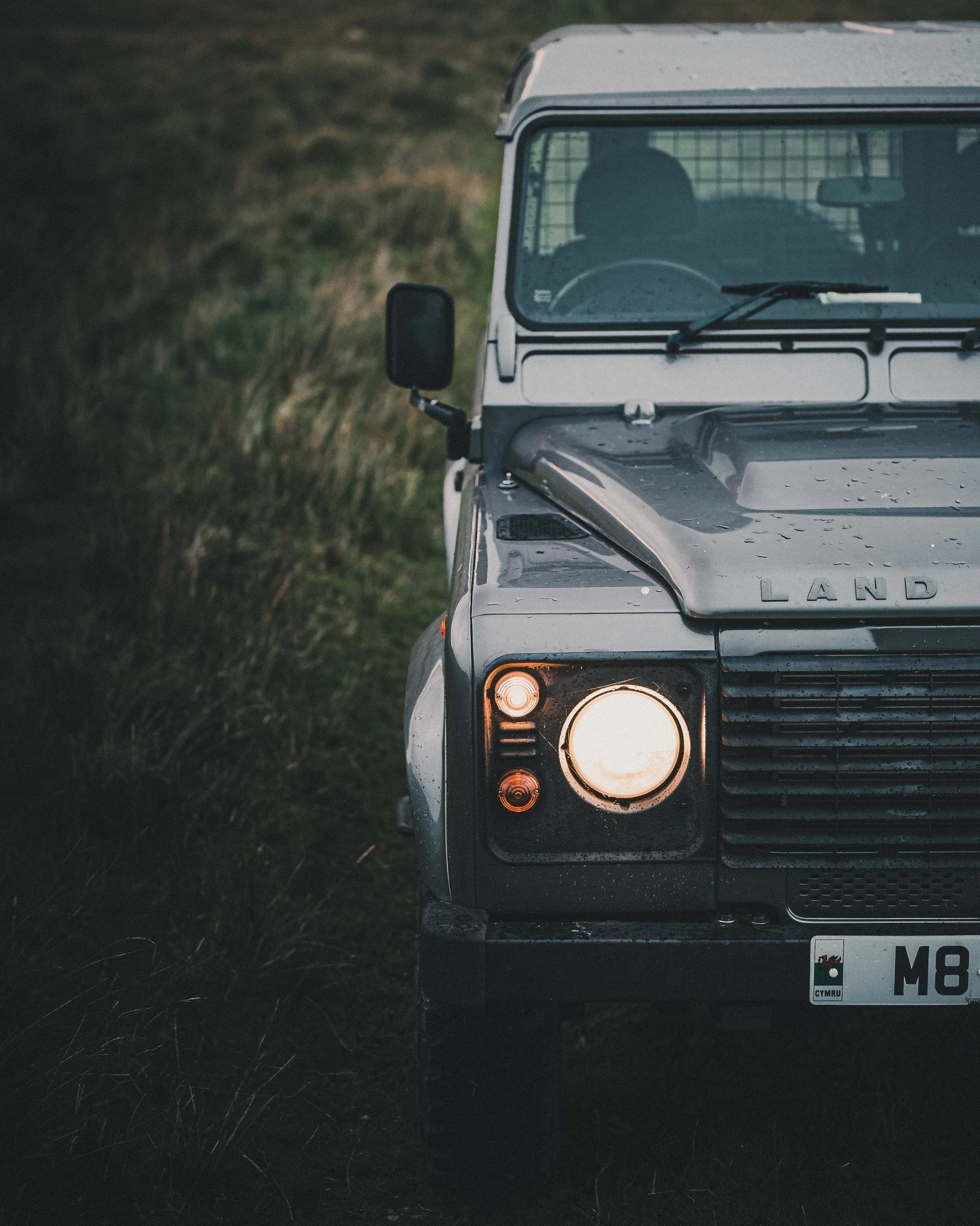 Land Rover Defender headlight and bonnet detail