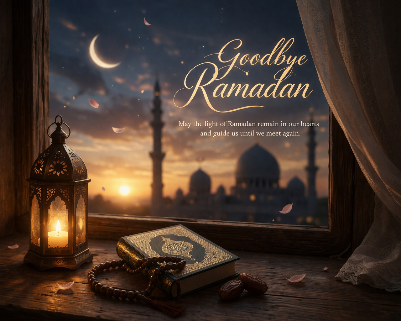 Farewell Ramadan scene with a glowing lantern, Qur’an, and prayer beads by a window overlooking a mosque at sunset, with a crescent moon and the words “Goodbye Ramadan” in elegant calligraphy.