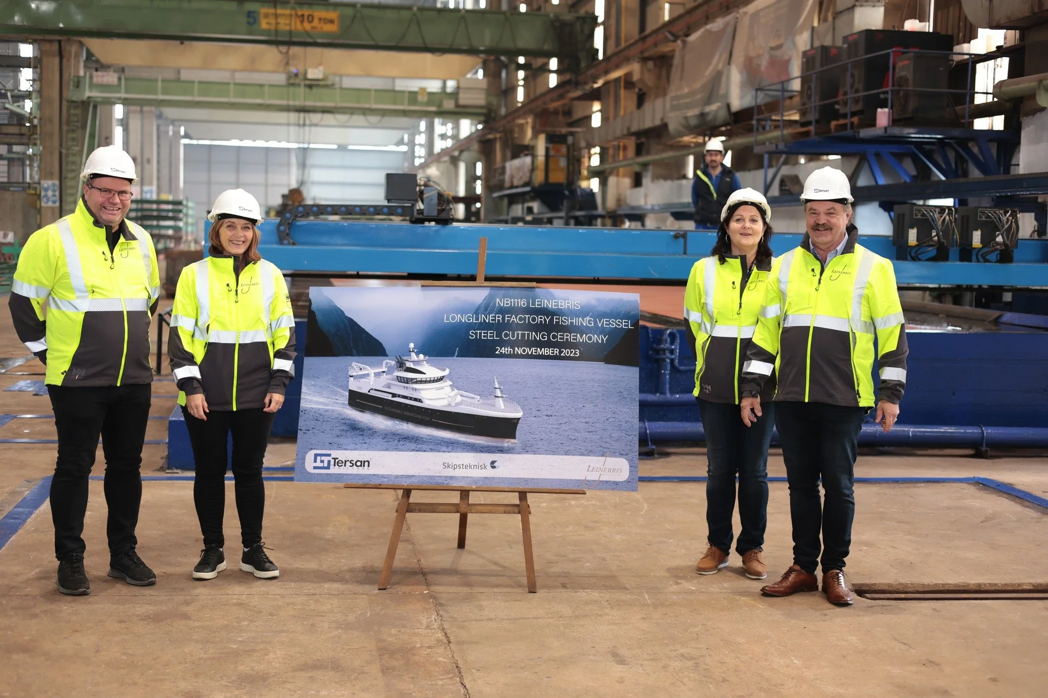 Congratulations; the new long-liner vessel the Leinebris is celebrated during the steel cutting phase. 