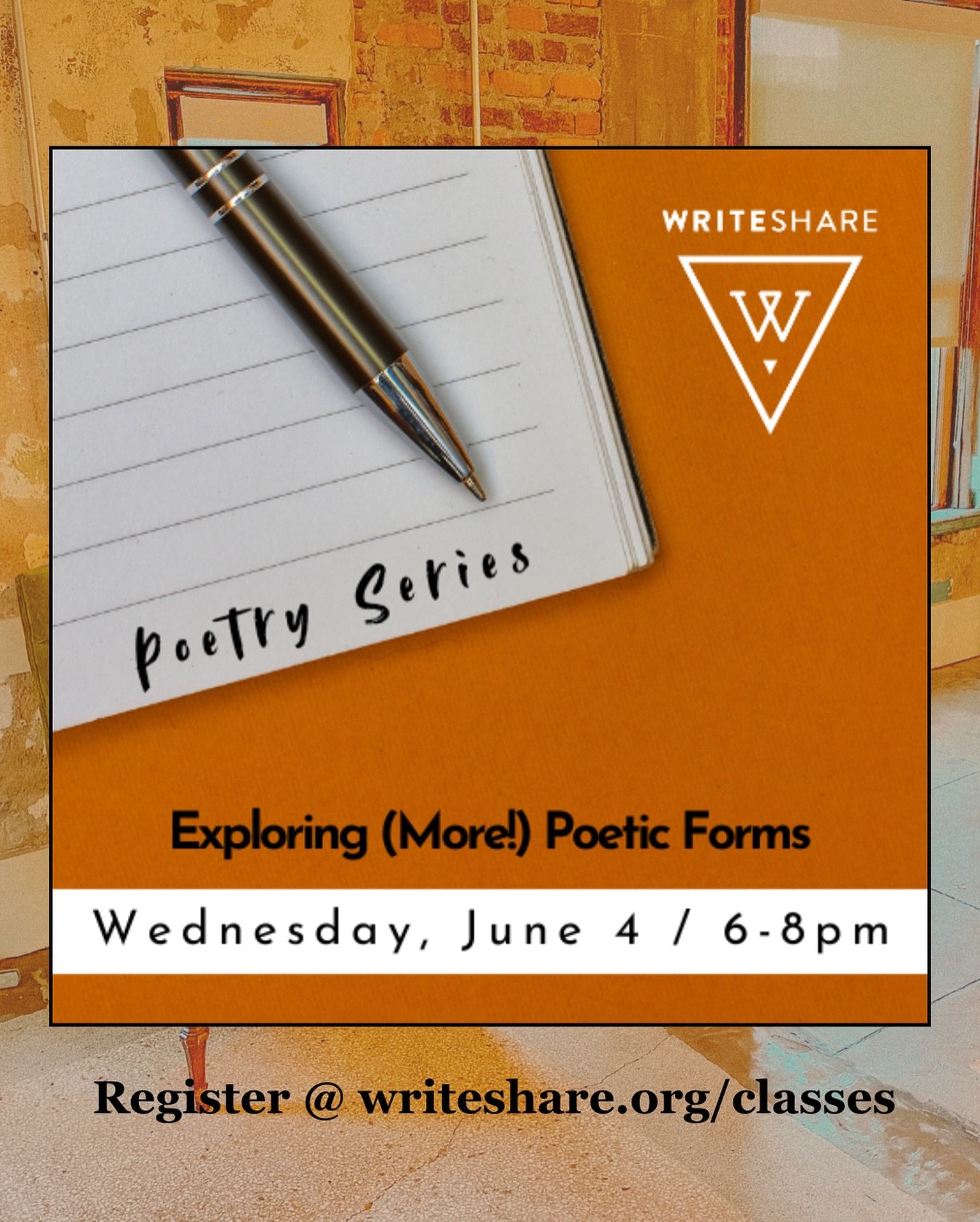 Wednesday! The final class in our spring Poetry Series happens in TWO DAYS. 

In this workshop, we&rsquo;ll take a look at some newly invented poetic forms. In addition to reading examples, we&rsquo;ll learn how and why the form was created and do so