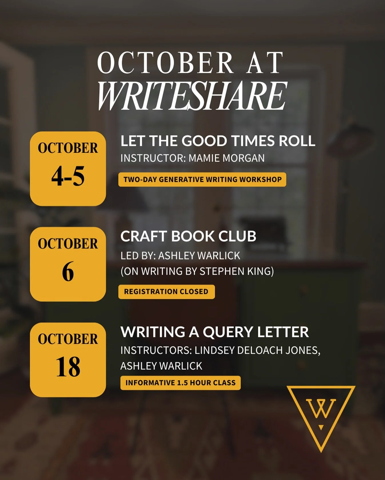 Here&rsquo;s what&rsquo;s happening next month at Writeshare!

We&rsquo;ve still got spots available in Mamie&rsquo;s two-day workshop + our Query Letter class. We&rsquo;d love to see you there!

✏️ Head on over to our website to register ➡️ writesha