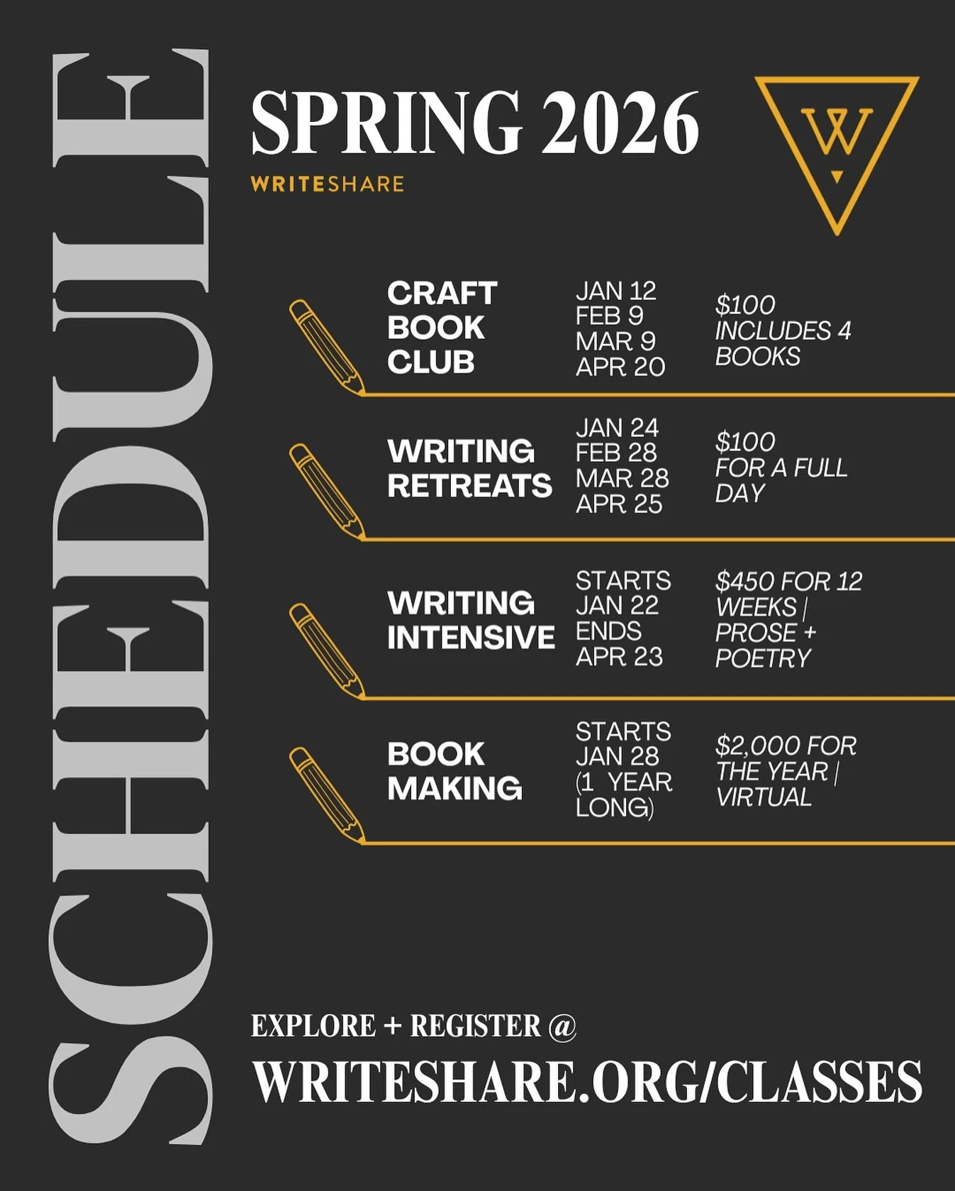 Greenville writers: Our Spring 2026 schedule is LIVE on our website! 🎉

Visit writeshare.org/classes to peruse our full lineup. At a glance, you can find info on:

✏️ Our next Craft Book Club
✏️ (New!) Full-Day Retreats
✏️ Spring Writing Intensives
