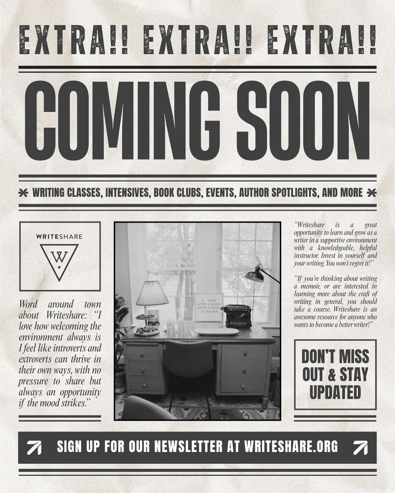 New news coming to our newsletter next week! (Say that five times fast.) (And then go sign up for our email newsletter on our website.)

We&rsquo;ll always share updates on our socials, but our email newsletter is where we drop announcements and new 