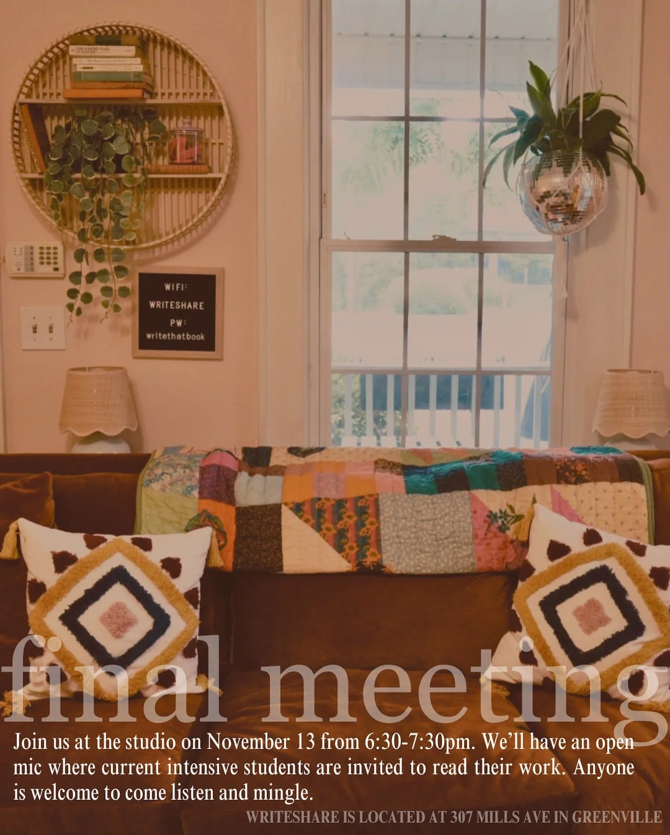 Join us for the final meeting of Writeshare&rsquo;s Fall 2025 Writing Intensive! ✏️

On November 13, from 6:30-7:30pm, we&rsquo;ll have an open mic for current intensive students who want to read their work. 

Come listen, come mingle, come see our s