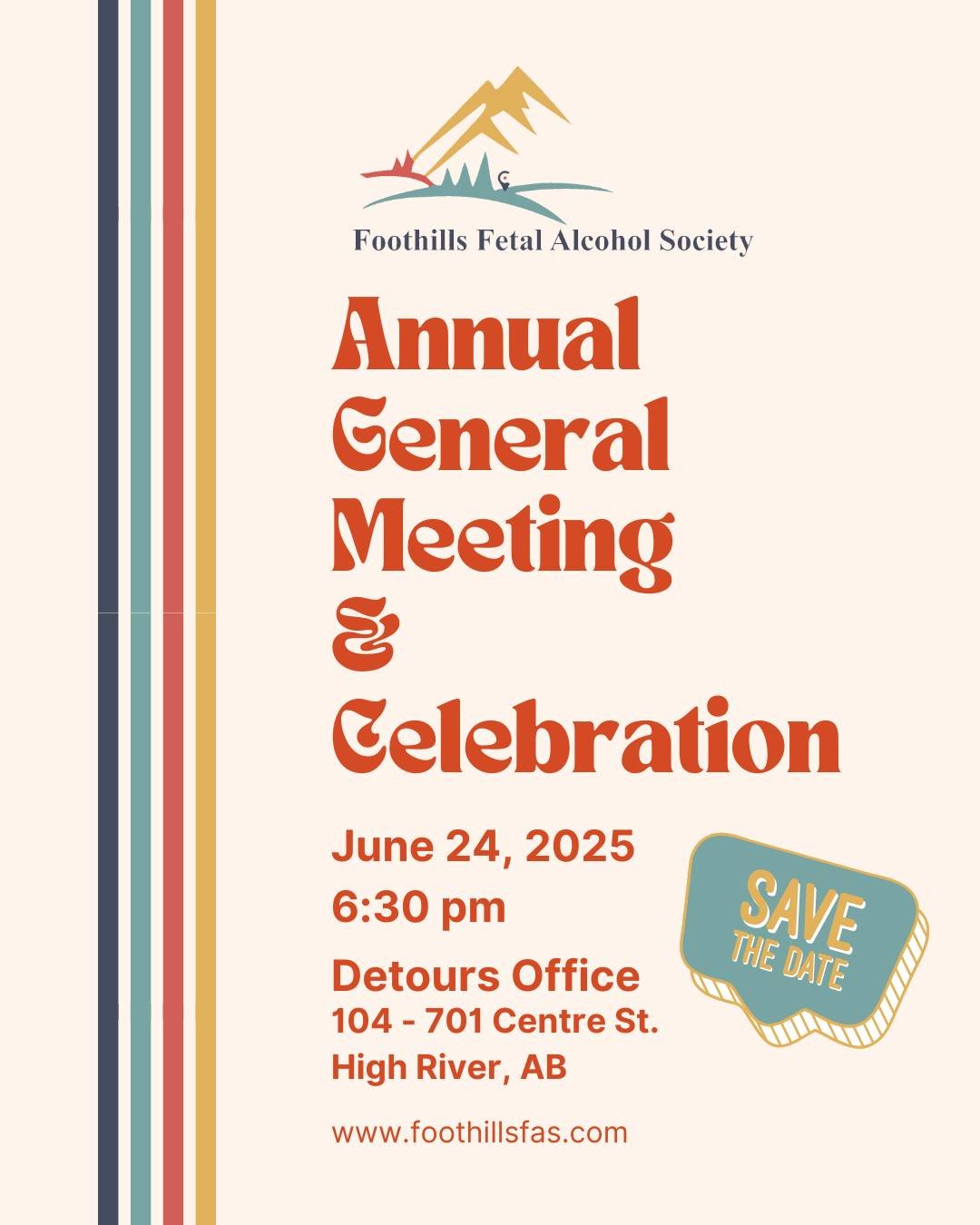 📣 Save the Date: FFAS AGM &ndash; June 24! 🎉

You're invited to an evening of connection, celebration, and community with Foothills Fetal Alcohol Society.

🗓️ Tuesday, June 24, 2025
🕡 6:30 PM
📍 Detours Office &mdash; 104&ndash;701 Centre St., Hi