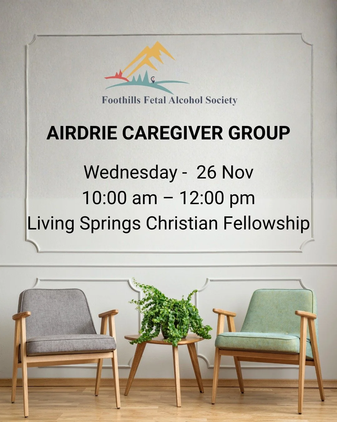 🌿 Airdrie Caregiver Group &mdash; Tomorrow!

If you&rsquo;re supporting someone with FASD, you don&rsquo;t have to navigate it alone. Our Airdrie Caregiver Group meets the 4th Wednesday of the month from 10:00 AM to 12:00 PM at Living Springs Christ