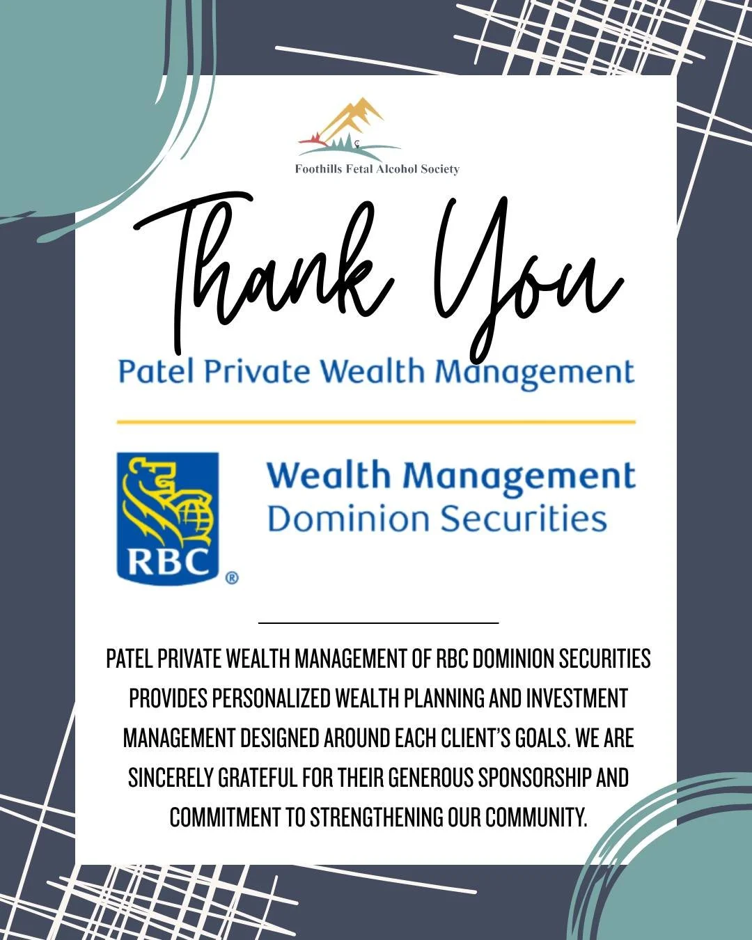 Year after year, they continue to show up. 💛

We are incredibly grateful to Patel Private Wealth for returning as a Hole Sponsor of the Foothills Fetal Alcohol Society Charity Golf Tournament.

The Patel Private Wealth team helps individuals and fam
