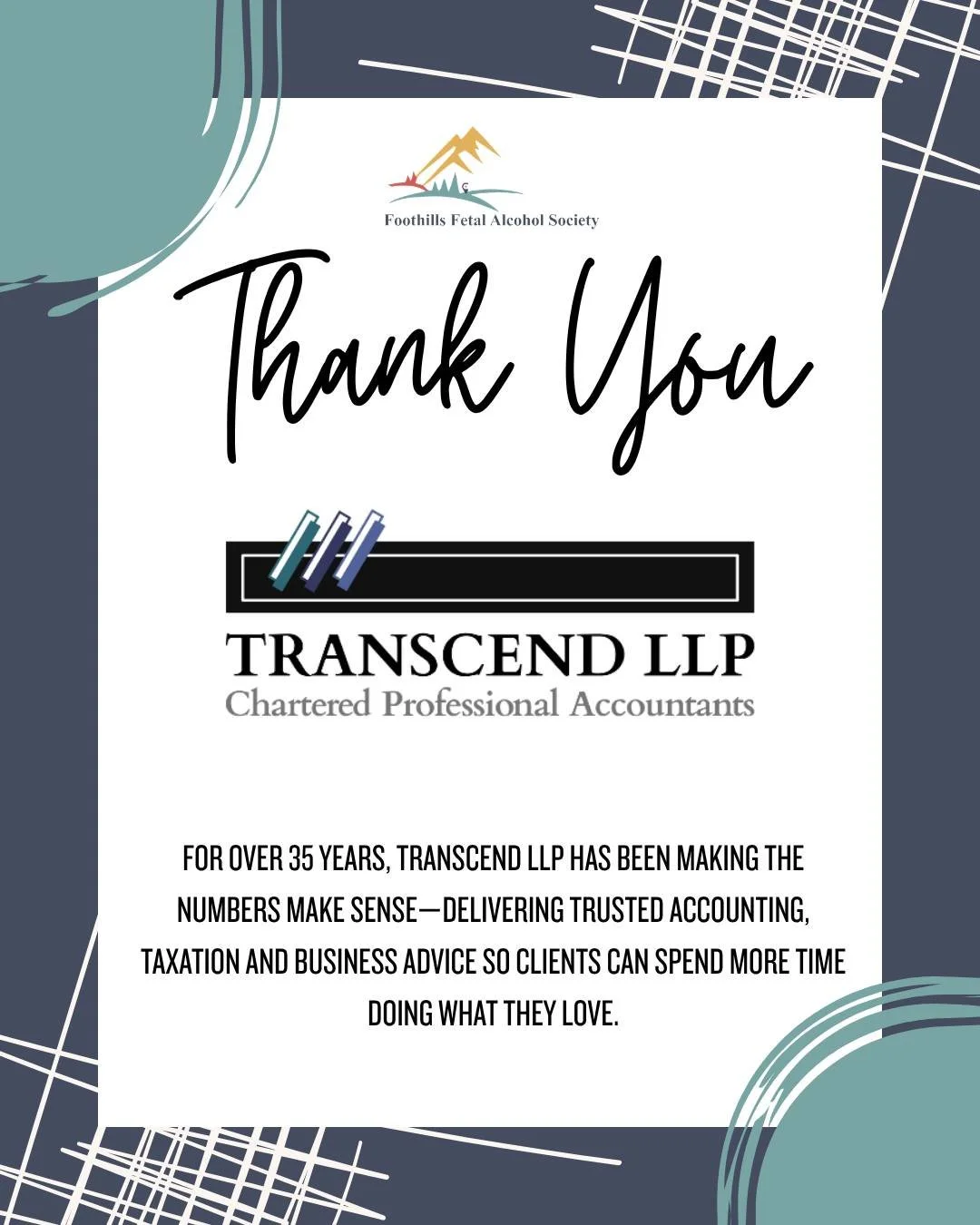 One sponsor. Two big ways of showing up! ⛳💛

A tremendous thank-you to Transcend LLP for supporting the 2026 Foothills Fetal Alcohol Society Charity Golf Tournament as both a Hole Sponsor and our Hole-in-One Sponsor!

For more than 35 years, Transce