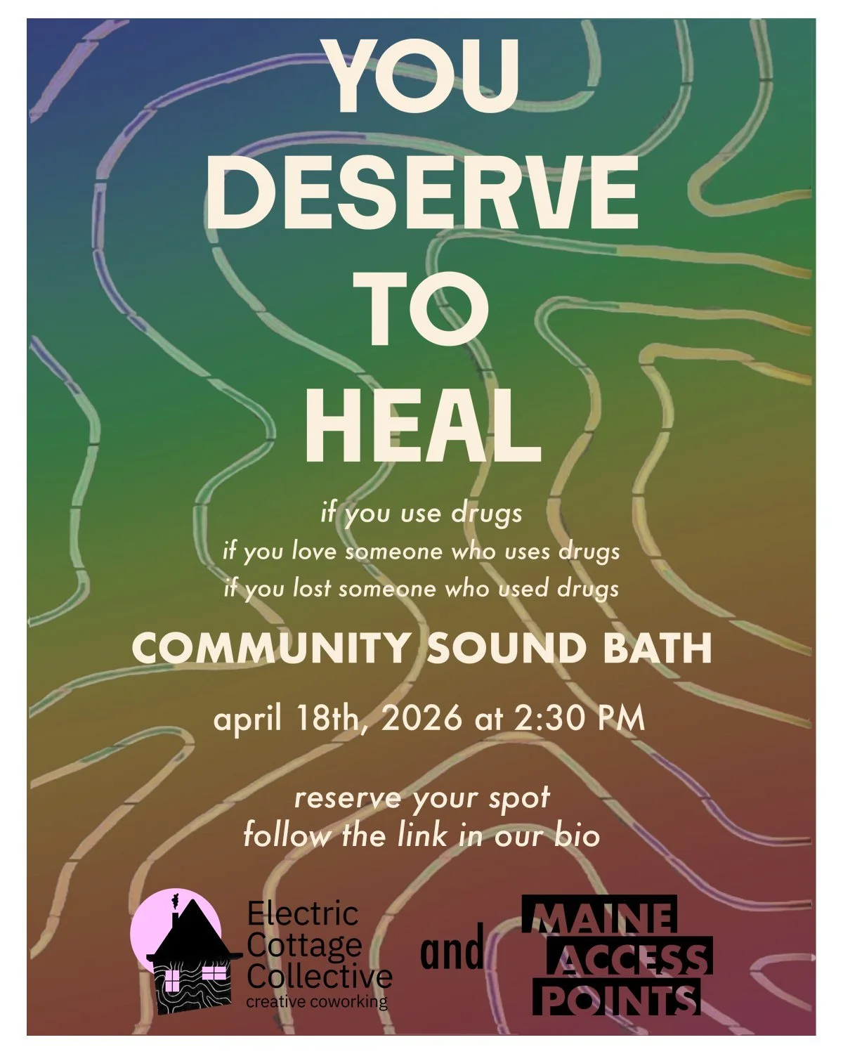 We are so thrilled to be back at @creativecoworkingcommunity  on April 18th for a sound bath fundraiser! 🥰 We specifically picked the timeframe (2:30-3:30) so that folks who want to take the Breez bus up to Brunswick will be able to make it. Sign up