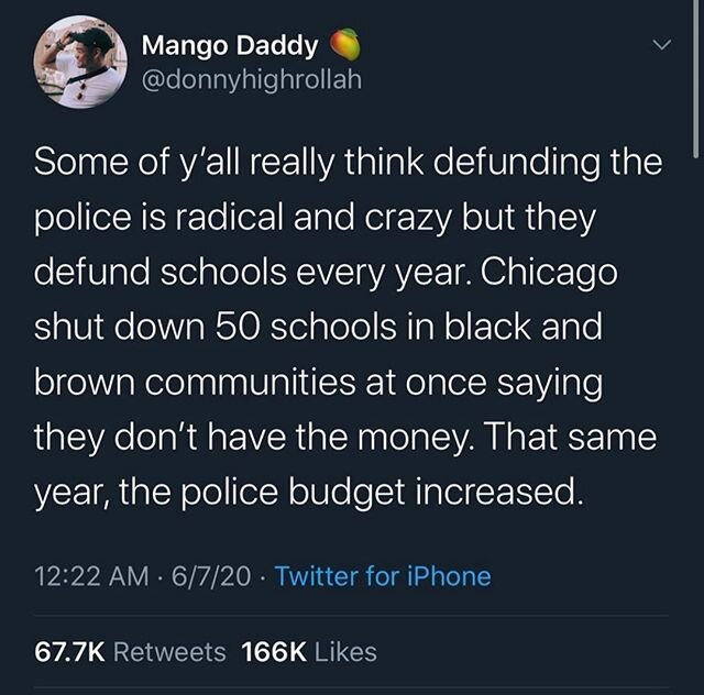 It doesn&rsquo;t seem radical to #defundpolice when you look at how regularly we defund education, healthcare, and social services. ⠀⠀⠀⠀⠀⠀⠀⠀⠀
⠀⠀⠀⠀⠀⠀⠀⠀⠀
#defundthepolice #BlackLivesMatter
