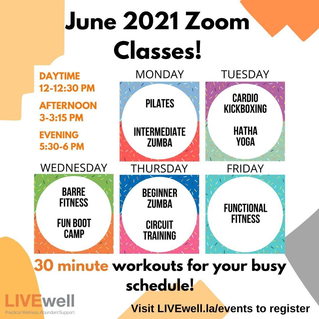 Join LIVEwell for quick 30-minute workouts (noon and evening classes offered) and 15-minute stretch and meditation mid-afternoon breaks designed to fit your busy schedule! Visit www.LIVEwell.la/events to view the full schedule and register for classe