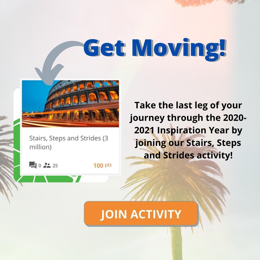 Finish the 2020-2021 Inspiration Year strong! Visit https://lalivewell.limeade.com/BrandedLogin.aspx?e=CityLA to join the Stairs, Steps and Strides (3 million) activity! Don&rsquo;t forget to track your points to earn prizes for each level you comple