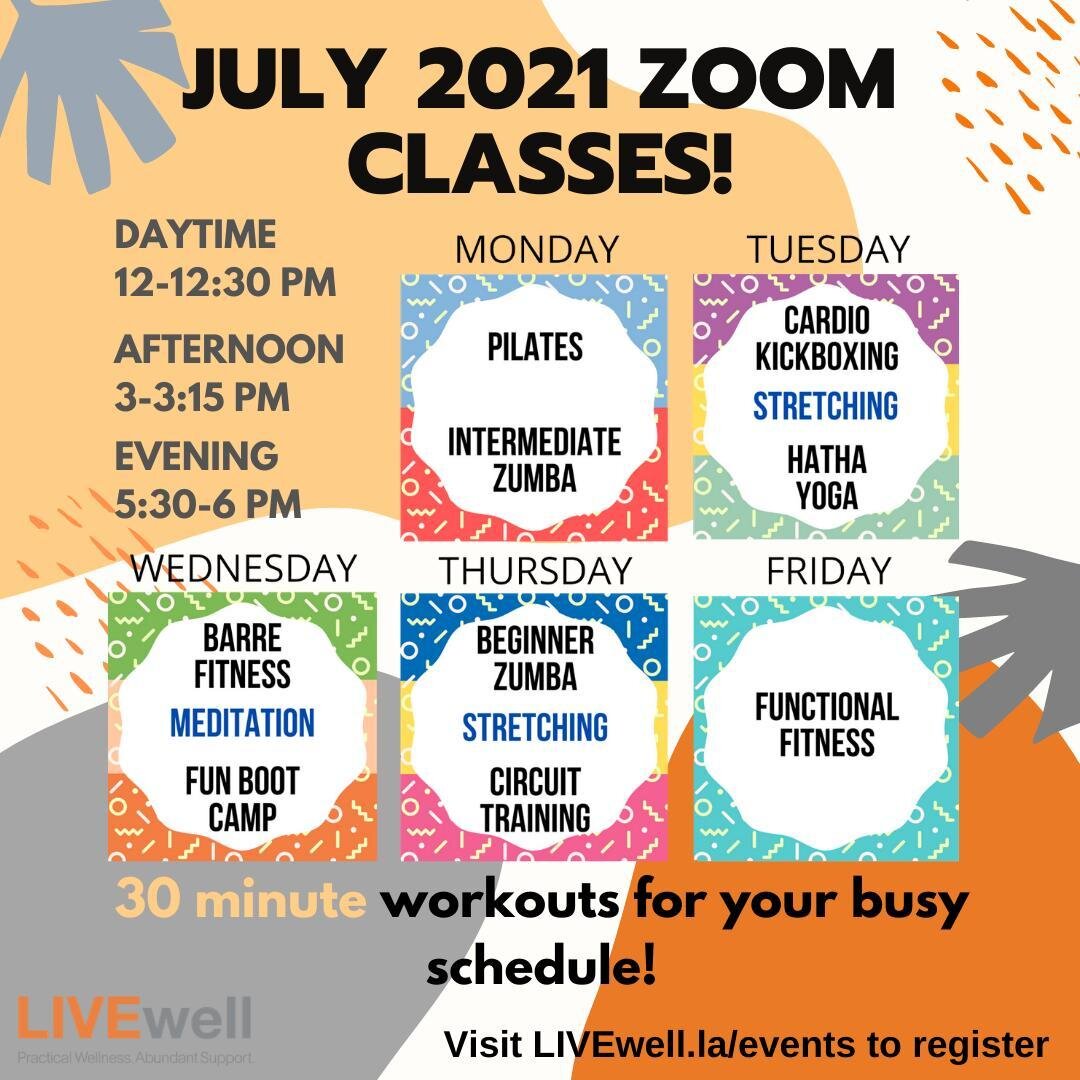 Back for the new inspiration year are your favorite Zoom classes like Cardio Kickboxing, Zumba, and Yoga. Join LIVEwell for quick 30-minute workouts (noon and evening classes offered) and 15-minute stretch and meditation mid-afternoon breaks designed