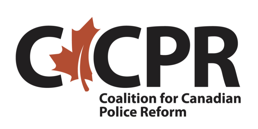 Logo for the Coalition for Canadian Police Reform, featuring large black letters 'C' and 'P' with a red maple leaf in the middle, and the organization name below in smaller black text.