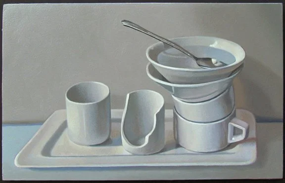  Study in White #2 / Spoon &amp; Water Oil on Panel / Framed 7 1/4” x 11 1/2” 2022 $1,950 