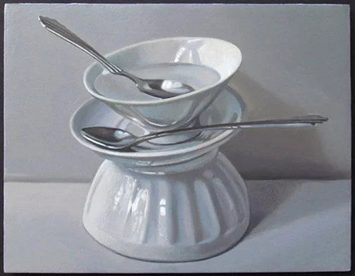  Study in White / Spoons &amp; Water Oil on Panel / Framed 7” x 9” 2023 $1,850 
