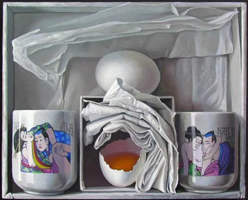  Porcelain Cups &amp; Eggs Oil on Wood Block 7” x 8 3/4” 2025 $2,550 