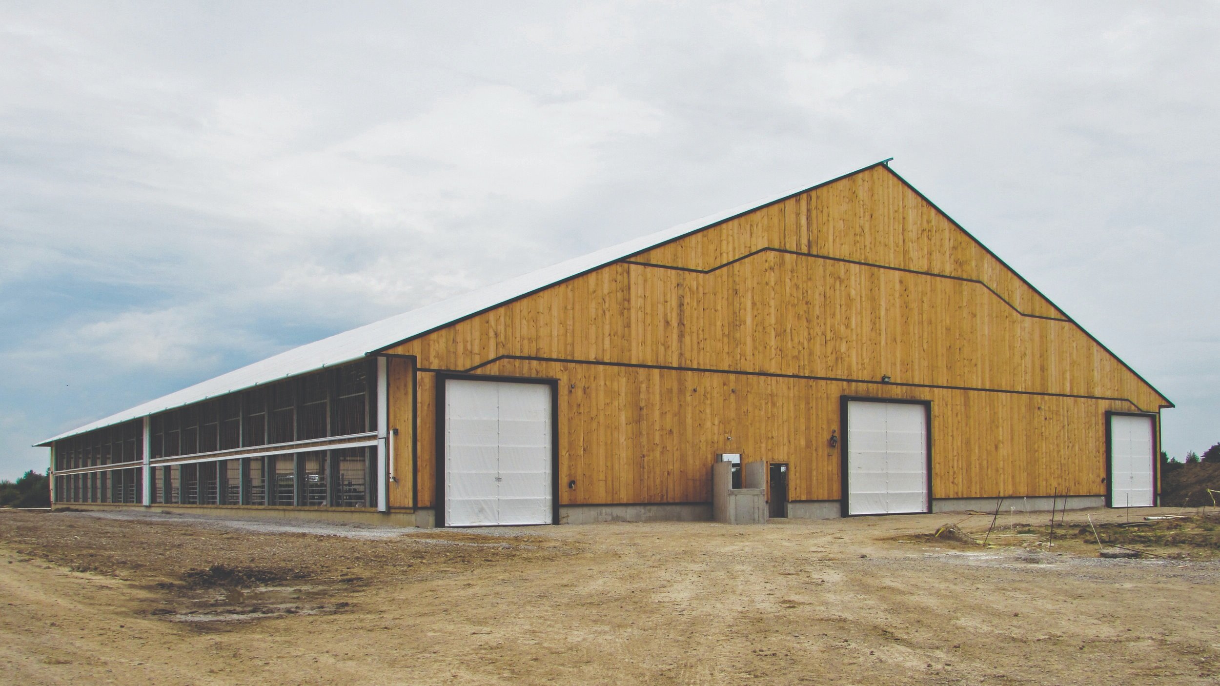 A custom 140’x 242’ fabric roof metal and wood frame livestock barn in Mitchell, Ontario.