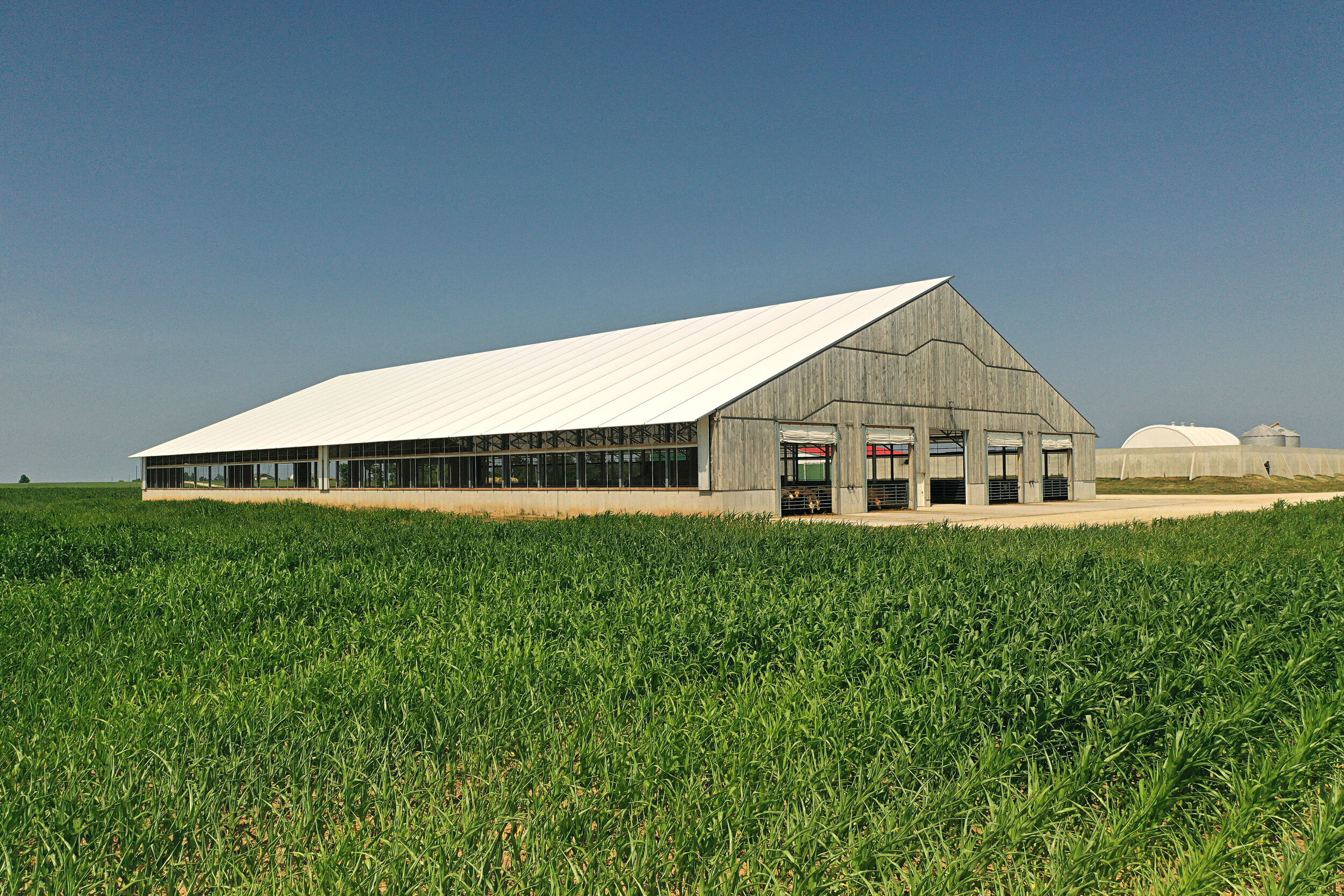A custom 140’x 278’ fabric roof wood and metal frame livestock barn in Creemore, Ontario.