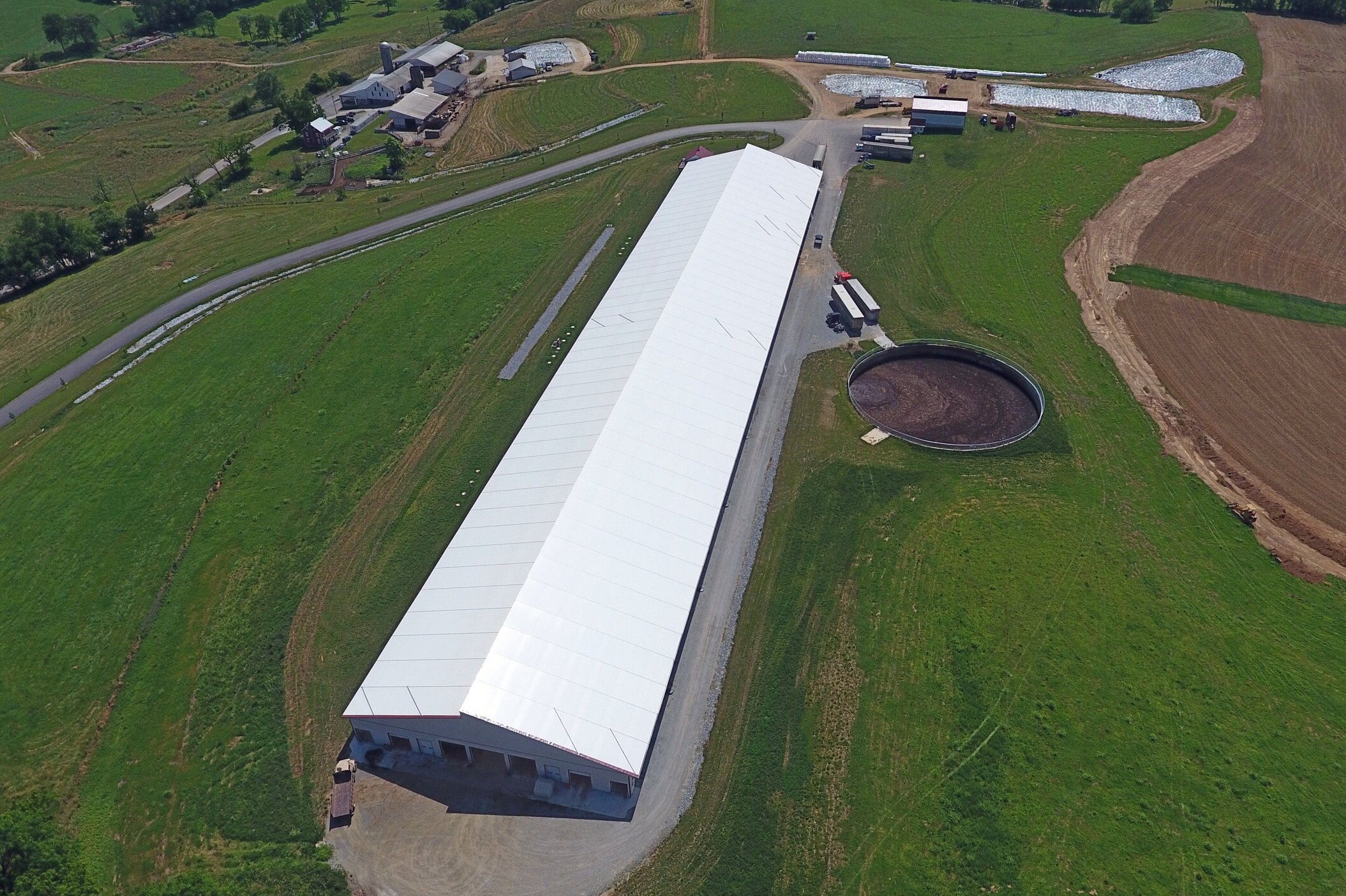 The fabric roof of a custom 130’ x 706’ dairy barn located in Spring Grove, Pennsylvania.