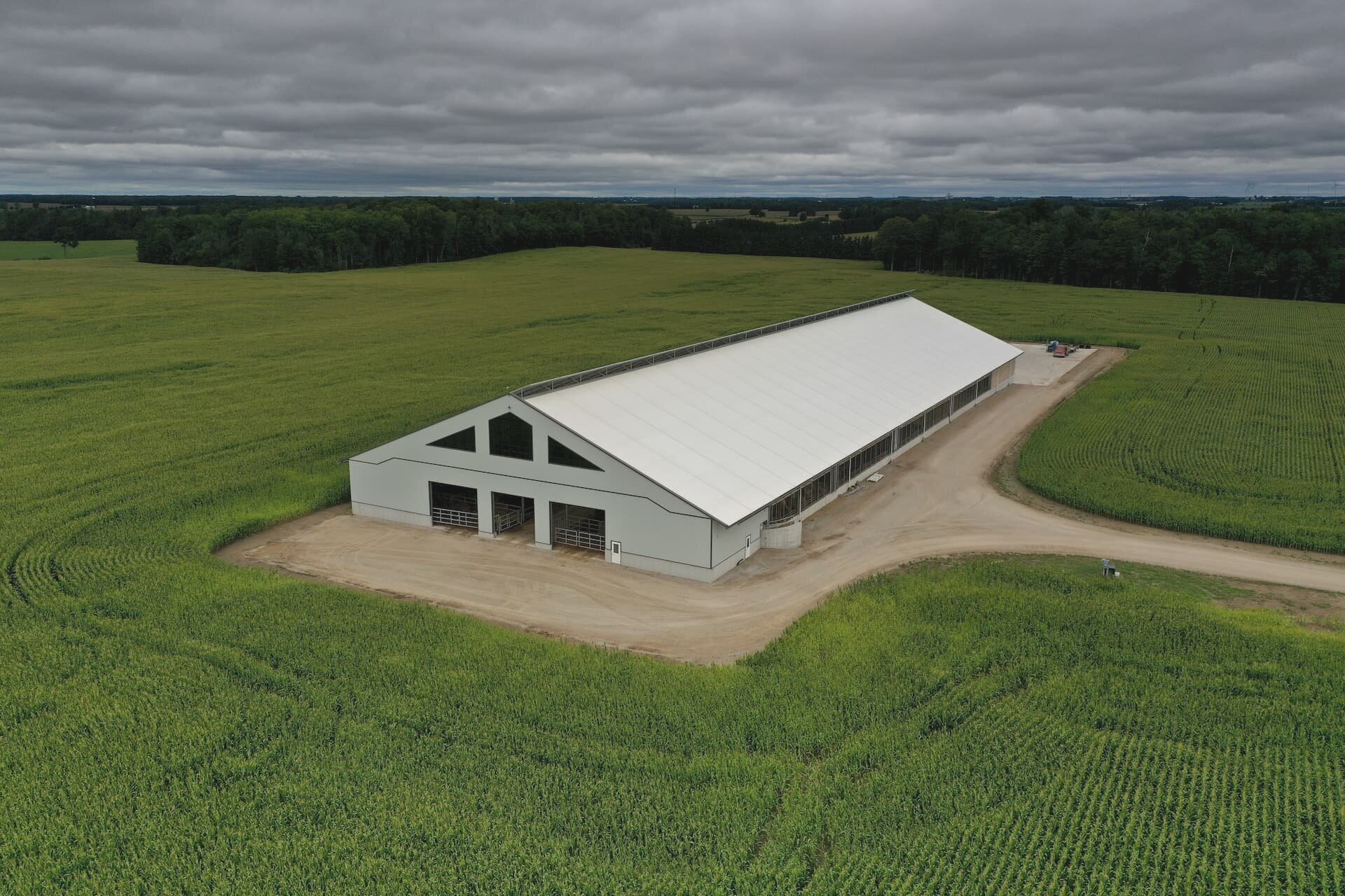 A custom 140’x 402’ fabric roof metal beef barn in Staffa, Ontario.