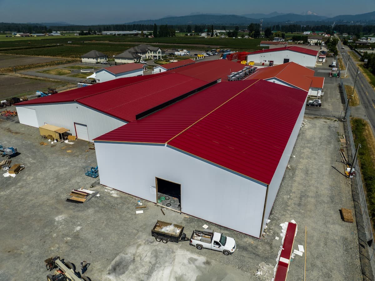 A custom 91’x 176’ steel roof storage building in Abbotsford, British Columbia..
