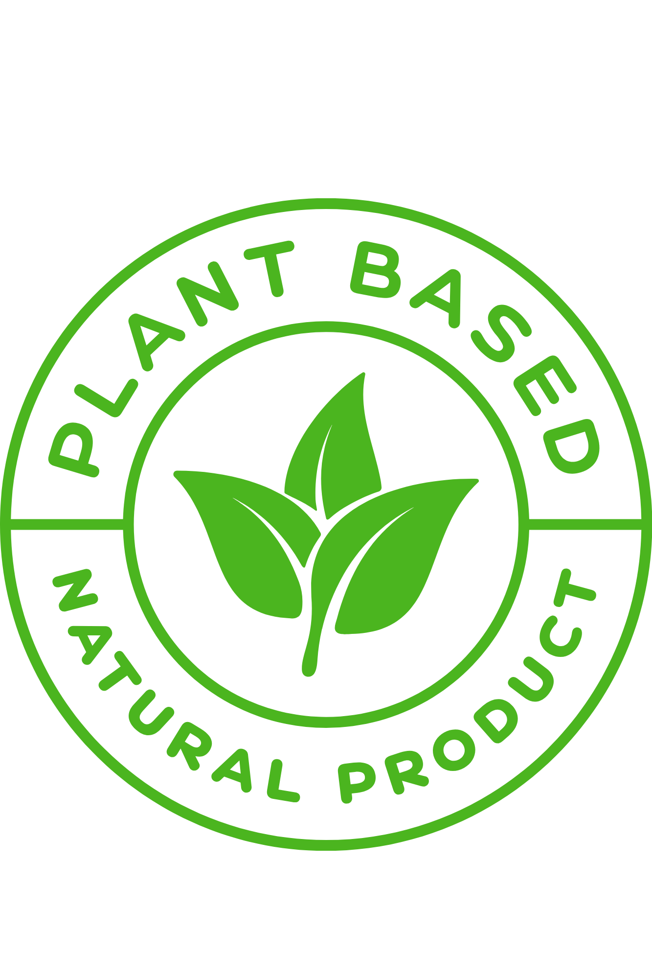 Green circular logo with a plant icon in the center and the text 'Plant Based Natural Product' around it.