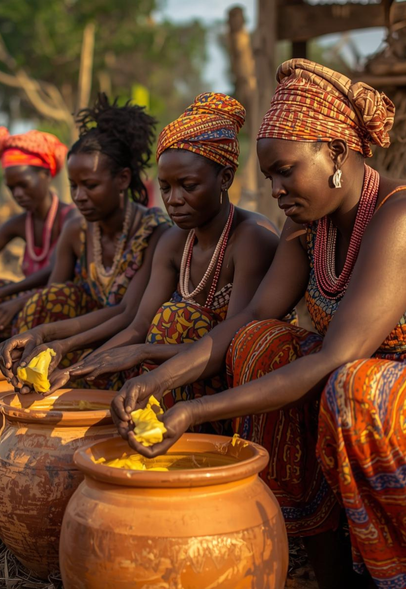Four women wearing colorful traditional clothing and headscarves, sitting outdoors, and pressing yellow substance into clay pots.