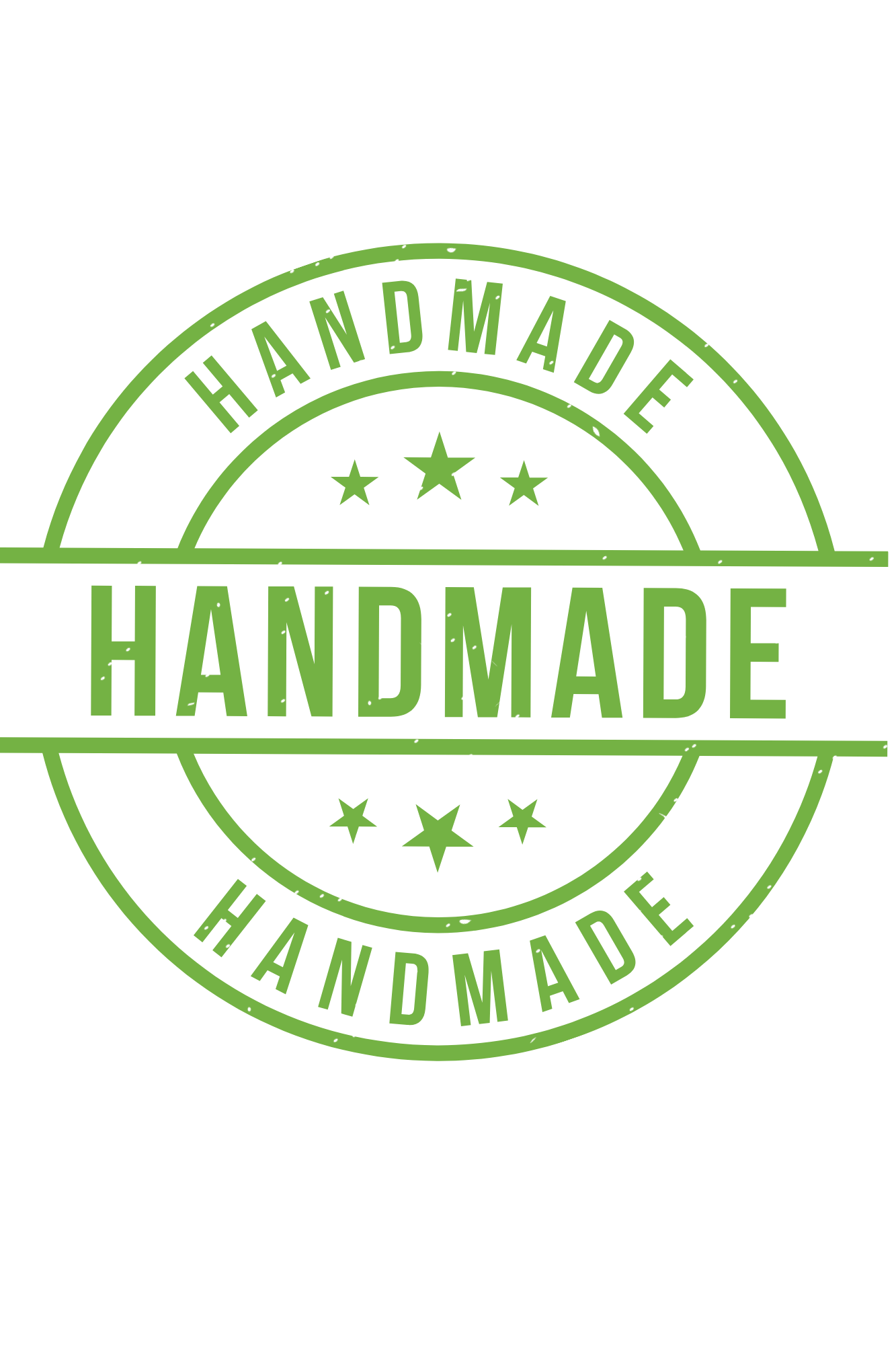 Green and black circular badge with the words "Handmade" written three times around the circle and across the center, with decorative stars inside the circle.