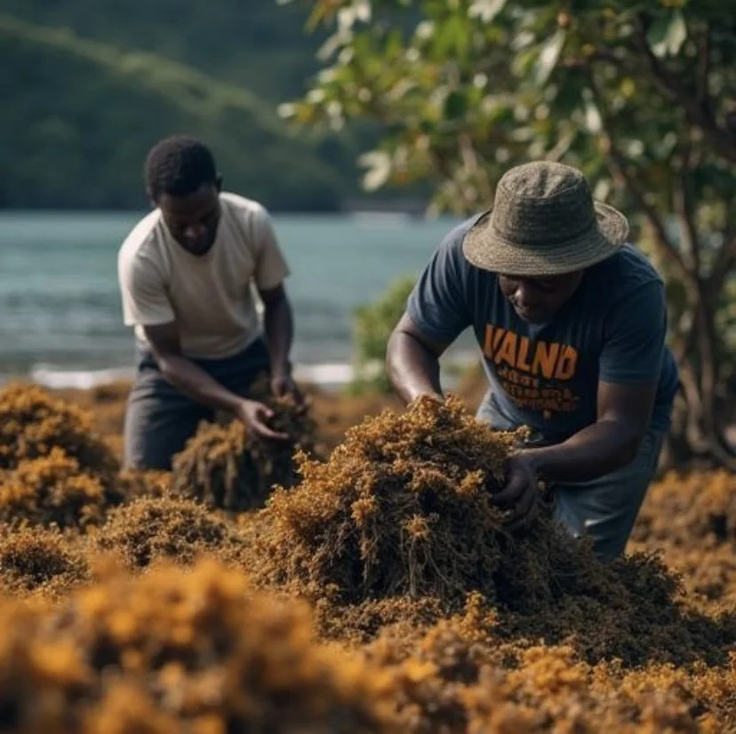 Two farmers harvesting crops by a river in a lush, green landscape, one wearing a wide-brimmed hat and a blue shirt, the other wearing a white shirt.