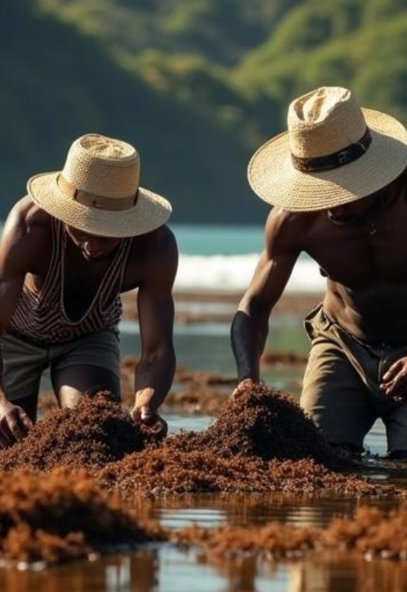 Two men harvesting seaweed on a beach, both wearing straw hats and casual clothes, with a body of water and lush green hills in the background.
