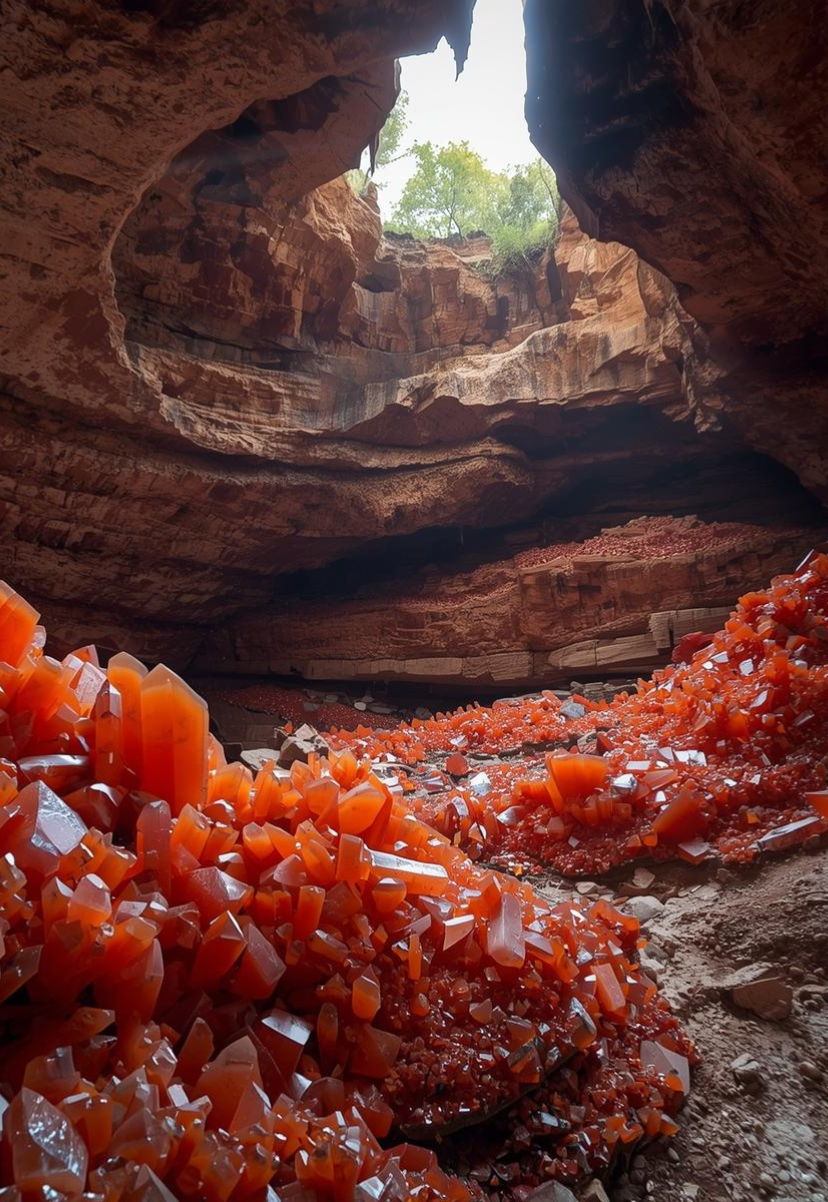 View inside a red rock canyon with orange crystals scattered on the ground and sunlight illuminating the opening at the top showing green trees outside.