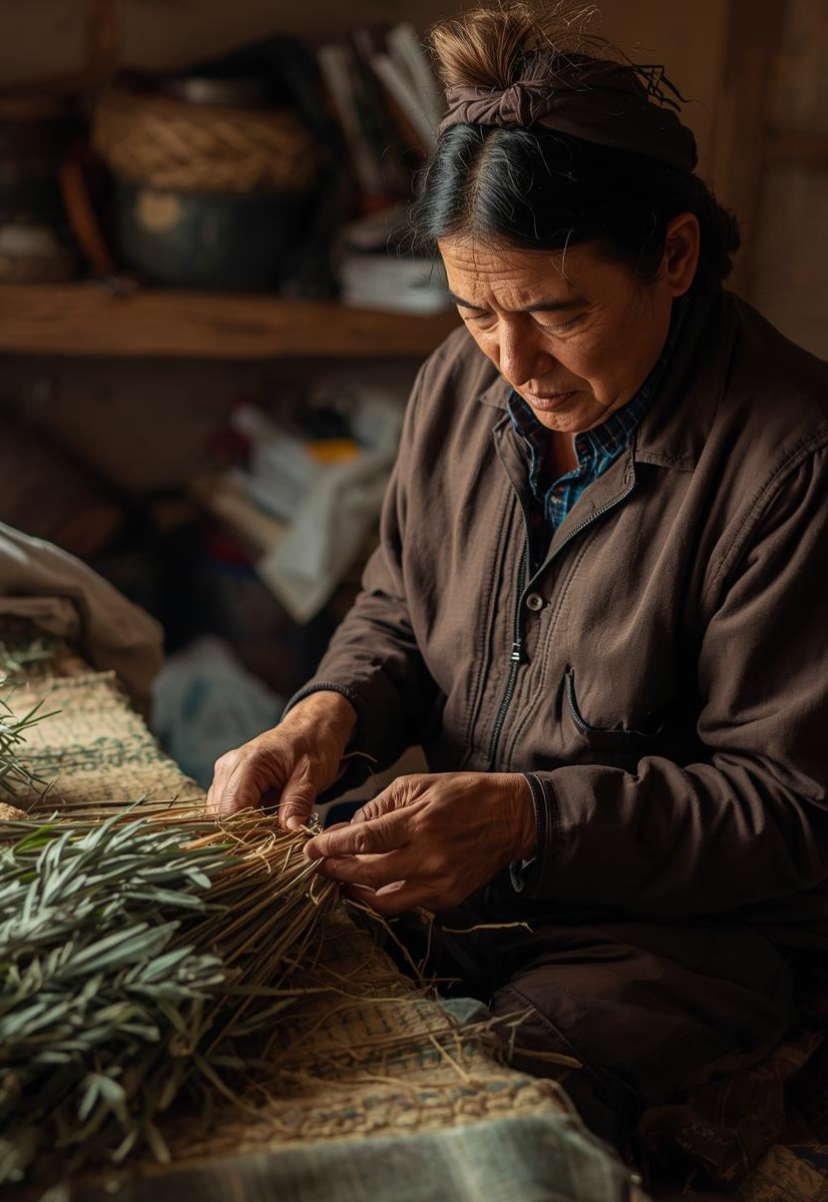 An elderly woman with dark hair tied back, wearing a brown jacket and a blue shirt, sits at a table and carefully ties a bunch of herbs or plants, with a focused and gentle expression. The background shows shelves with books and baskets, suggesting a rustic or homey environment.
