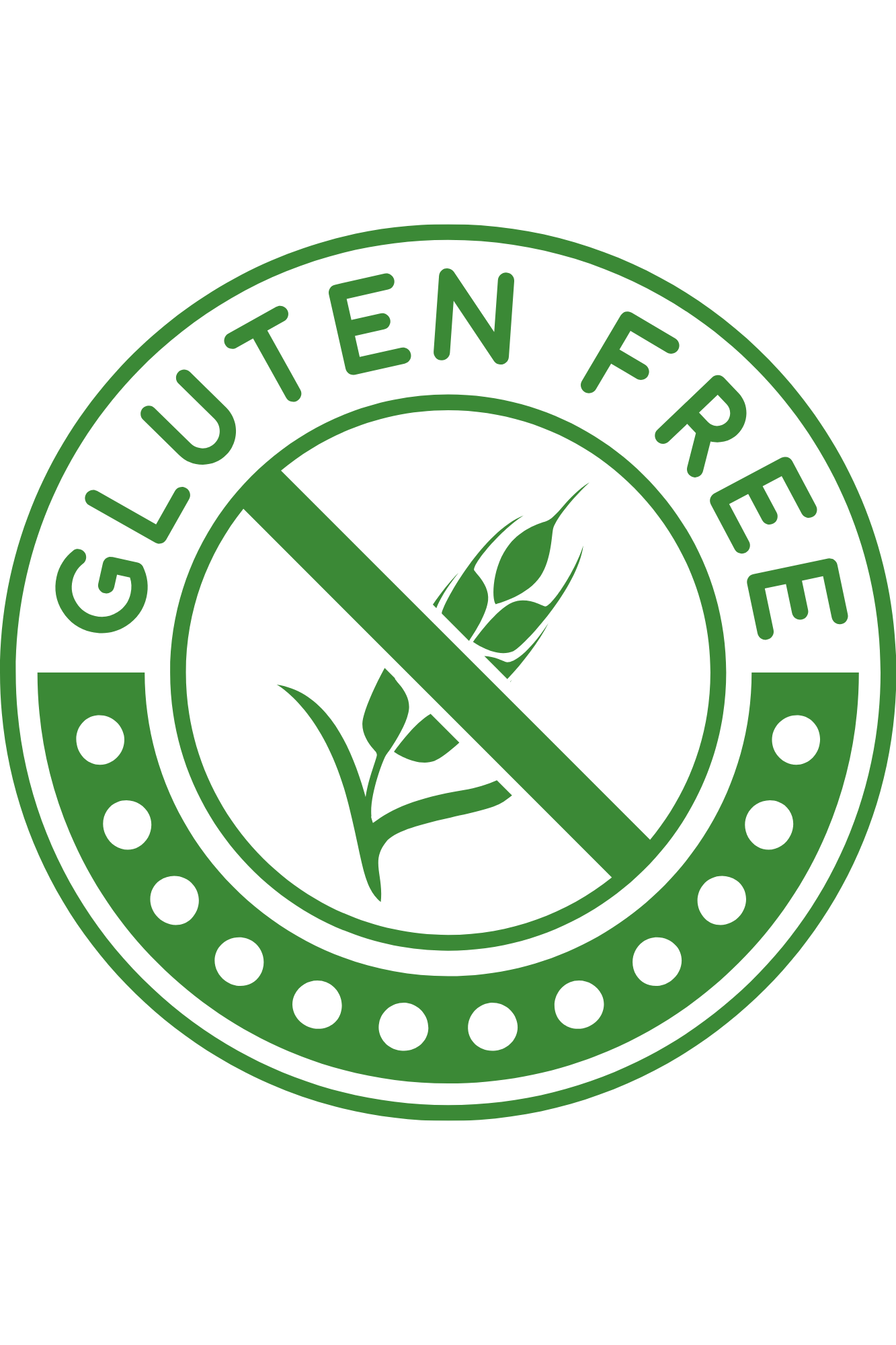 Gluten-free certification badge with a green circular design and a crossed out wheat stalk in the center.