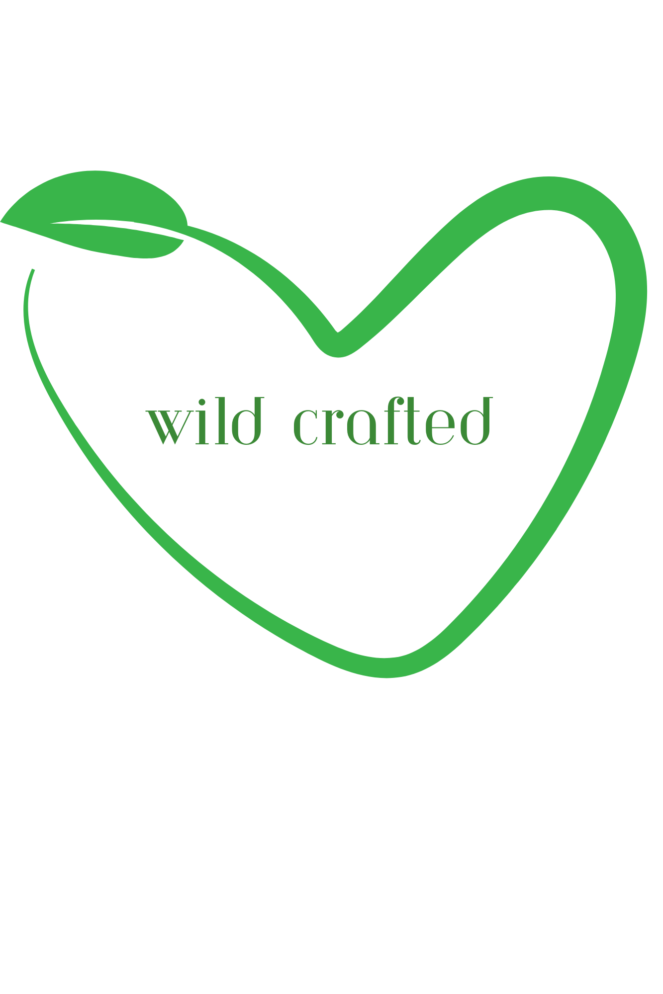 A black logo with a green outline of a heart and a leaf, with the words 'wild crafted' inside the heart, indicating a focus on natural, handcrafted products.
